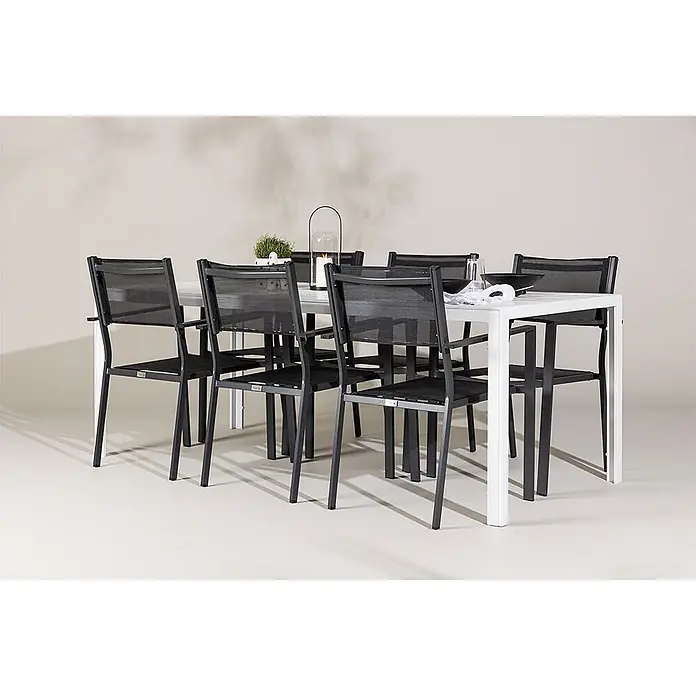 Ebuy24 Gartentisch-Set Break - Gesamtumfang: 7 -tlg., L x B x H: 205 x 90 x 75 cm, Ø x H: 90 x 75 cm, Aintwood Aluminium Textil, Stapelbar - Weißer Gartentisch mit sechs schwarzen Netzstühlen, ideal für Terrasse oder Garten.