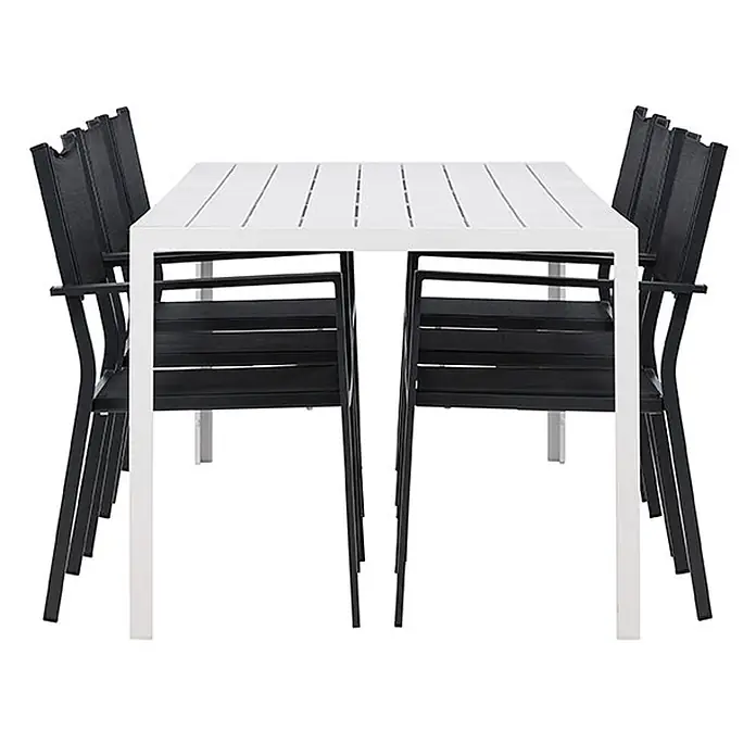 Ebuy24 Gartentisch-Set Break - Gesamtumfang: 7 -tlg., L x B x H: 205 x 90 x 75 cm, Ø x H: 90 x 75 cm, Aintwood Aluminium Textil, Stapelbar - Weißer Lamellen-Esstisch und sechs schwarze Stühle, je drei unter jeder Seite.