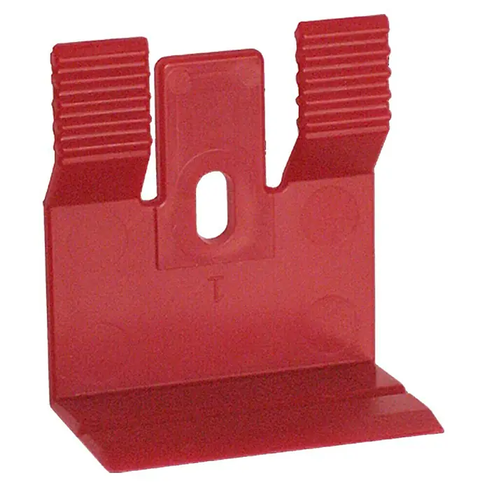Profiles and more Leistenclip Clip-Fit CH20 - 10 Stk. - Rote Kunststoffhalterung mit schlitzförmigen Oberflächen und einer zentralen Öffnung, ideal zur sicheren Befestigung und Organisation von Elementen.