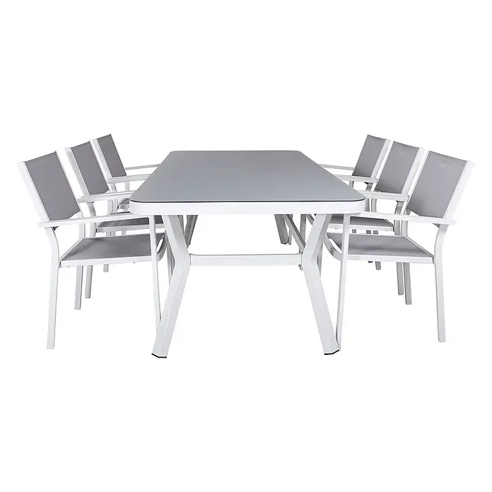 Ebuy24 Gartentisch-Set Virya - Gesamtumfang: 7 -tlg., L x B x H: 100 x 200 x 74 cm, Ø x H: 100 x 74 cm, 100 % PVC, Aluminium Aluminium, Glas, Schnur, Stapelbar - Weißes Metall-Gartenset mit einem Tisch mit grauer Platte und sechs Stühlen mit grauen Textilsitzen und Rückenlehnen.
