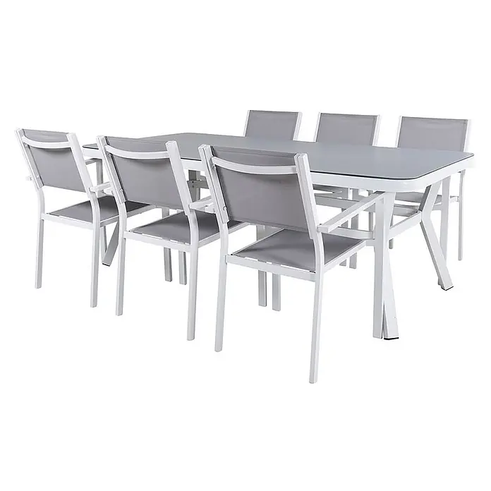 Ebuy24 Gartentisch-Set Virya - Gesamtumfang: 7 -tlg., L x B x H: 100 x 200 x 74 cm, Ø x H: 100 x 74 cm, 100 % PVC, Aluminium Aluminium, Glas, Schnur, Stapelbar - Modernes Outdoor-Essset mit weißem Metalltisch und 6 Stühlen mit grauen Stoffbezügen und einer grauen Tischplatte.