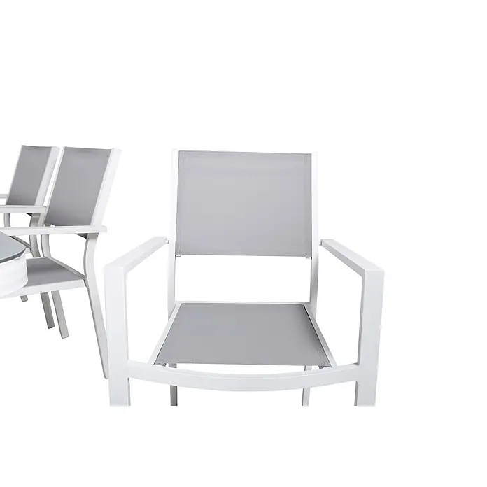 Ebuy24 Gartentisch-Set Virya - Gesamtumfang: 7 -tlg., L x B x H: 100 x 200 x 74 cm, Ø x H: 100 x 74 cm, 100 % PVC, Aluminium Aluminium, Glas, Schnur, Stapelbar - Set aus weißen Aluminium-Gartenstühlen mit grauen Textilene-Sitzflächen und Rückenlehnen.
