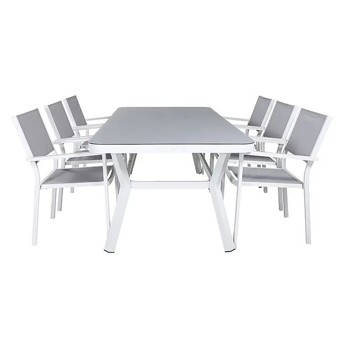 Ebuy24 Gartentisch-Set Virya - Gesamtumfang: 7 -tlg., L x B x H: 100 x 200 x 74 cm, Ø x H: 100 x 74 cm, 100 % PVC, Aluminium Aluminium, Glas, Schnur, Stapelbar - Weißes Aluminium-Gartenset mit rechteckigem grauem Tisch und sechs Stühlen mit grauen Netzsitzen und Rückenlehnen.