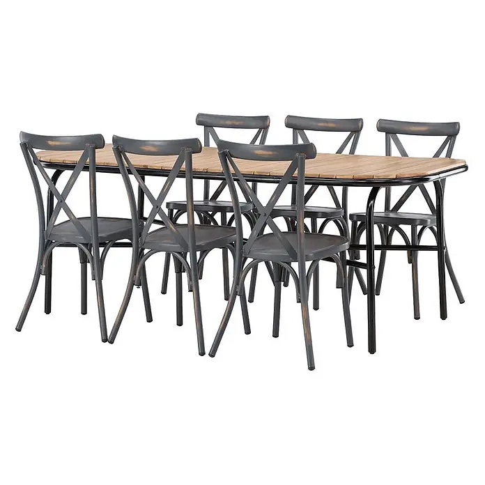Ebuy24 Gartentisch-Set Holmbeck - Gesamtumfang: 7 -tlg., L x B x H: 90 x 200 x 75 cm, Ø x H: 90 x 75 cm, Aluminium Akazie, Stapelbar - Industrieller Esstisch aus dunklem, patiniertem Metall mit Holzplatte und sechs passenden Stühlen mit X-Rückenlehne.