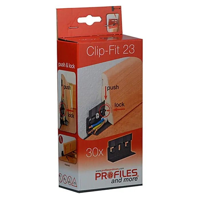 Profiles and more Leistenclip Clip-Fit CH23 - 30 Stk. - Die Clip-Fit 23 Sockelleistenbefestigung in der 30er Packung. Einfache Montage durch Push & Lock. Perfekt für saubere Abschlüsse.