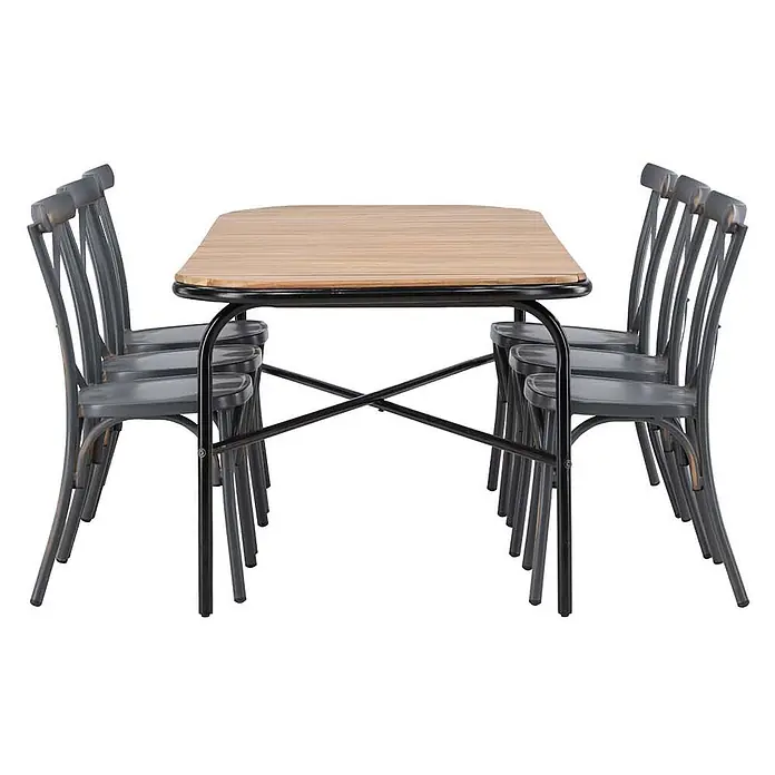 Ebuy24 Gartentisch-Set Holmbeck - Gesamtumfang: 7 -tlg., L x B x H: 90 x 200 x 75 cm, Ø x H: 90 x 75 cm, Aluminium Akazie, Stapelbar - Rechteckiger Esstisch mit Holzplatte und schwarzem Metallgestell, dazu sechs stapelbare graue Bistrostühle.