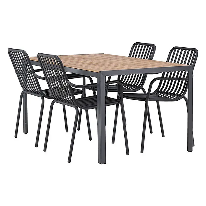 Ebuy24 Gartentisch-Set Break - Gesamtumfang: 5 -tlg., L x B x H: 150 x 90 x 74 cm, Ø x H: 90 x 74 cm, Aintwood Aluminium, Stapelbar - Outdoor-Essgruppe mit rechteckigem Holztisch und vier dunkelgrauen Metallstühlen mit Lamellensitz und -rückenlehne.