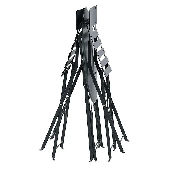 Ebuy24 Gartentisch-Set Marseille - Gesamtumfang: 3 -tlg., L x B x H: 60 x 60 x 71 cm, Ø x H: 60 x 71 cm, Stahl, Stapelbar - Dunkle Metall-Klappstühle kompakt gestapelt, die ihre schlanke, zusammengeklappte Form und viele Beine zeigen.