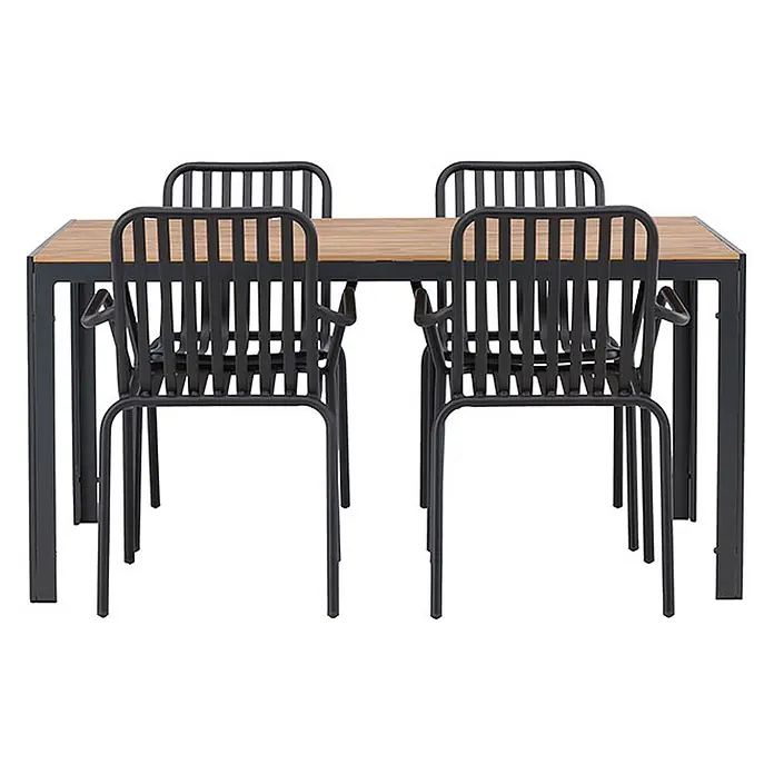 Ebuy24 Gartentisch-Set Break - Gesamtumfang: 5 -tlg., L x B x H: 150 x 90 x 74 cm, Ø x H: 90 x 74 cm, Aintwood Aluminium, Stapelbar - Schwarzes Metall-Esstisch mit Holzplatte und vier passenden Lamellenstühlen.