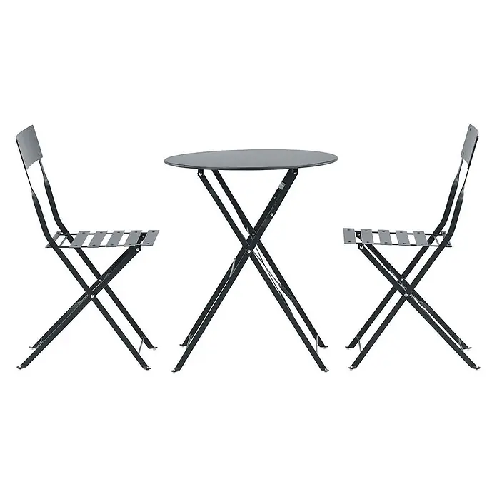 Ebuy24 Gartentisch-Set Marseille - Gesamtumfang: 3 -tlg., L x B x H: 60 x 60 x 71 cm, Ø x H: 60 x 71 cm, Stahl, Stapelbar - Dunkelgraues Metall-Klapp-Bistro-Set mit rundem Tisch und zwei Lattenstühlen.