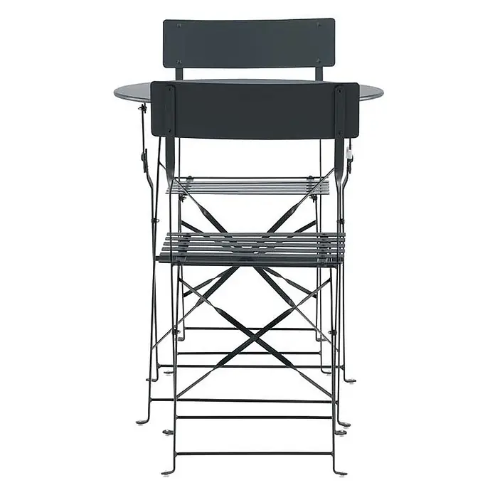 Ebuy24 Gartentisch-Set Marseille - Gesamtumfang: 3 -tlg., L x B x H: 60 x 60 x 71 cm, Ø x H: 60 x 71 cm, Stahl, Stapelbar - Dunkelgraues Metall-Klapp-Bistro-Set: Lattenstuhl unter passendem Rundtisch verstaut.