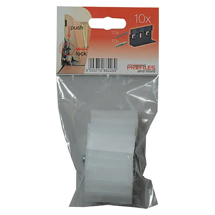 Profiles and more Leistenclip Clip-Fit CH23 - 10 Stk. - Hier ist eine Packung mit 10 Stück Profile und mehr. Die Packung enthält eine Halterung und Stifte zur einfachen Installation.
