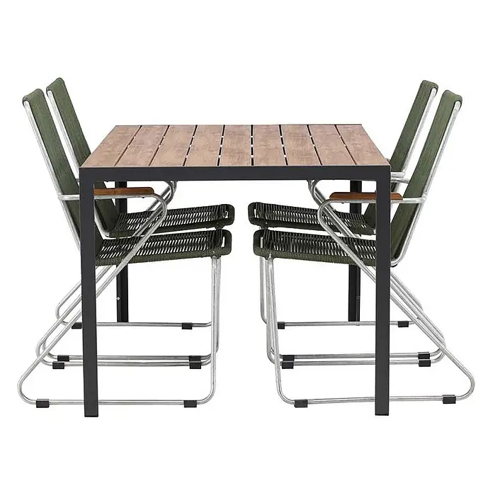 Ebuy24 Gartentisch-Set Break - Gesamtumfang: 5 -tlg., L x B x H: 150 x 90 x 74 cm, Ø x H: 90 x 74 cm, Stahl Aluminum, Stapelbar - Essgarnitur für draußen: Holztisch mit Latten, schwarzes Gestell; vier Stühle mit grünen Geflechtsitzen, silberne Gestelle.