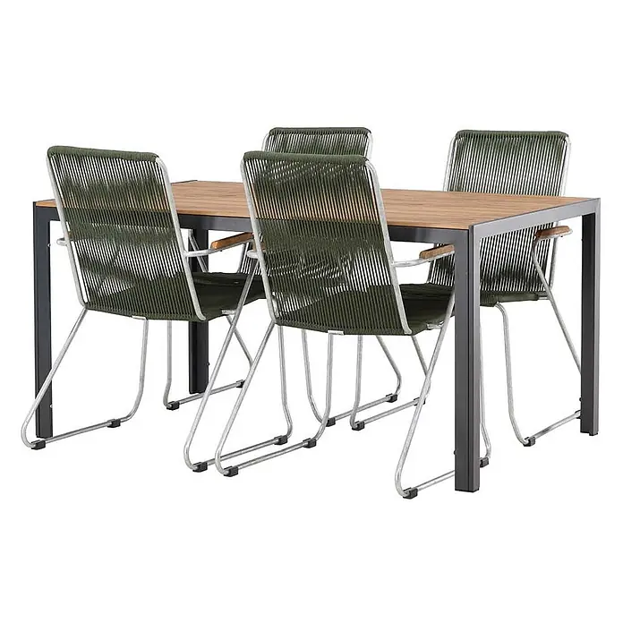Ebuy24 Gartentisch-Set Break - Gesamtumfang: 5 -tlg., L x B x H: 150 x 90 x 74 cm, Ø x H: 90 x 74 cm, Stahl Aluminum, Stapelbar - Gartenset mit Holztisch und vier Stühlen aus dunkelgrünem Seilgeflecht, hellem Metallgestell und Holzarmlehnen.