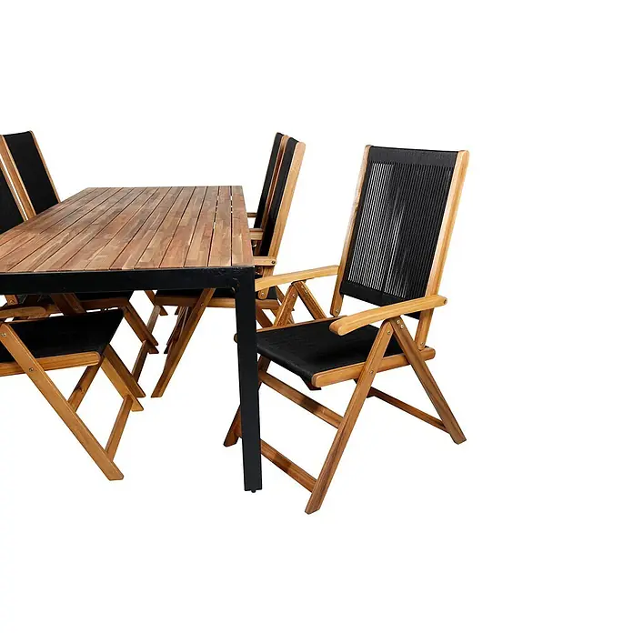 Ebuy24 Gartentisch-Set Bois - Gesamtumfang: 7 -tlg., L x B x H: 90 x 205 x 76 cm, Ø x H: 90 x 76 cm, 100 % Polyester, Akazie Akazie, Aluminium, Stapelbar - Gartentisch aus Holz mit schwarzem Rahmen und passenden klappbaren Stühlen mit schwarzen geflochtenen Sitzen.