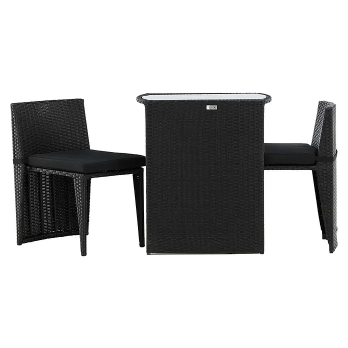 Ebuy24 Gartentisch-Set Savanna - Gesamtumfang: 3 -tlg., L x B x H: 50 x 66 x 75 cm, Ø x H: 50 x 75 cm, Kunststoff, Metall, Ausziehbar - Schwarzes Balkon-Barset aus Polyrattan mit zwei Stühlen, rechteckigem Tisch, schwarzen Kissen und Glasplatte.