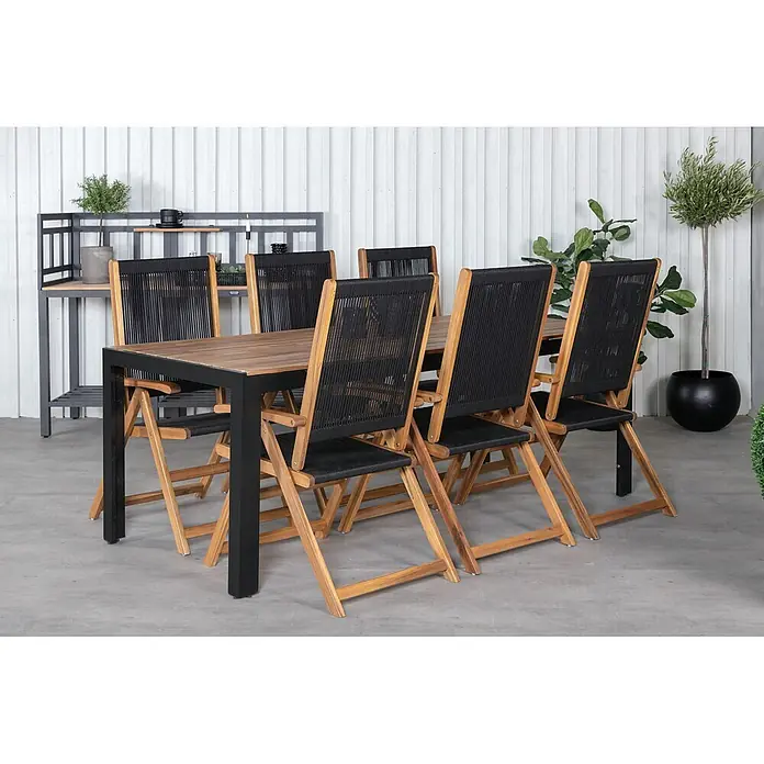 Ebuy24 Gartentisch-Set Bois - Gesamtumfang: 7 -tlg., L x B x H: 90 x 205 x 76 cm, Ø x H: 90 x 76 cm, 100 % Polyester, Akazie Akazie, Aluminium, Stapelbar - Outdoor-Essgruppe mit schwarz gerahmtem Holztisch und sechs Stühlen mit Holzrahmen und schwarzen Seilsitzen.