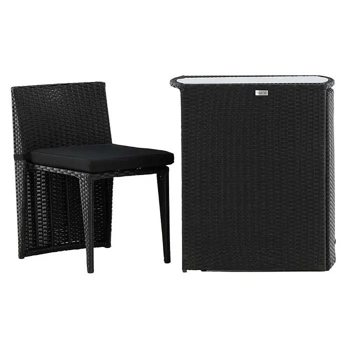 Ebuy24 Gartentisch-Set Savanna - Gesamtumfang: 3 -tlg., L x B x H: 50 x 66 x 75 cm, Ø x H: 50 x 75 cm, Kunststoff, Metall, Ausziehbar - Schwarzer Rattan-Gartenstuhl mit schwarzem Kissen und passendem schwarzem Rattan-Bartisch mit weißer Platte.