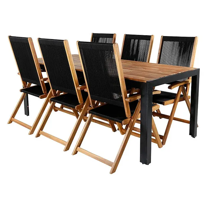 Ebuy24 Gartentisch-Set Bois - Gesamtumfang: 7 -tlg., L x B x H: 90 x 205 x 76 cm, Ø x H: 90 x 76 cm, 100 % Polyester, Akazie Akazie, Aluminium, Stapelbar - Essgruppe: Holzlamellentisch mit schwarzem Rahmen, sechs klappbaren Stühlen aus schwarzem Seil und Holz.