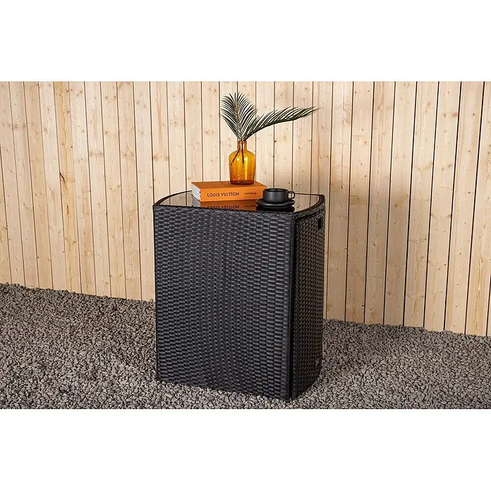 Ebuy24 Gartentisch-Set Savanna - Gesamtumfang: 3 -tlg., L x B x H: 50 x 66 x 75 cm, Ø x H: 50 x 75 cm, Kunststoff, Metall, Ausziehbar - Schwarzer Outdoor-Beistelltisch im Rattan-Stil mit Glasplatte, ideal für Getränke und Bücher.