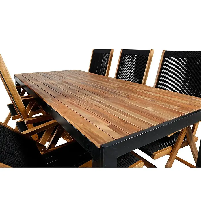 Ebuy24 Gartentisch-Set Bois - Gesamtumfang: 7 -tlg., L x B x H: 90 x 205 x 76 cm, Ø x H: 90 x 76 cm, 100 % Polyester, Akazie Akazie, Aluminium, Stapelbar - Esstisch mit Holzlamellenplatte und schwarzem Gestell, dazu Klappstühle mit schwarzen Geflechtsitzen und -lehnen.