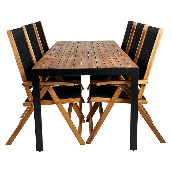 Ebuy24 Gartentisch-Set Bois - Gesamtumfang: 7 -tlg., L x B x H: 90 x 205 x 76 cm, Ø x H: 90 x 76 cm, 100 % Polyester, Akazie Akazie, Aluminium, Stapelbar - Gartensitzgruppe mit Holztisch (Lattenplatte, schwarzes Metallgestell) und sechs Klappstühlen mit Holzrahmen und schwarzem Textil.