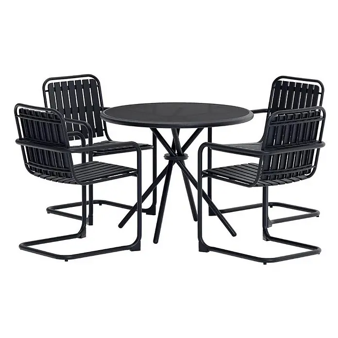 Ebuy24 Gartentisch-Set Chios - Gesamtumfang: 5 -tlg., L x B x H: 90 x 90 x 71 cm, Ø x H: 90 x 71 cm, Gehärtetes Glas, Stapelbar - Schwarzes Metall-Outdoor-Essset mit Rundtisch und vier Stühlen mit Lattenrost und Kufengestell.
