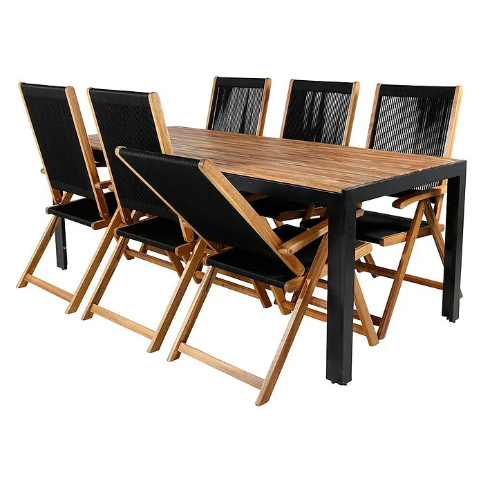Ebuy24 Gartentisch-Set Bois - Gesamtumfang: 7 -tlg., L x B x H: 90 x 205 x 76 cm, Ø x H: 90 x 76 cm, 100 % Polyester, Akazie Akazie, Aluminium, Stapelbar - Outdoor-Essgruppe: Holztisch mit schwarzem Metallrahmen, sechs klappbare Holzstühle mit schwarzen geflochtenen Sitz- und Rückenflächen.