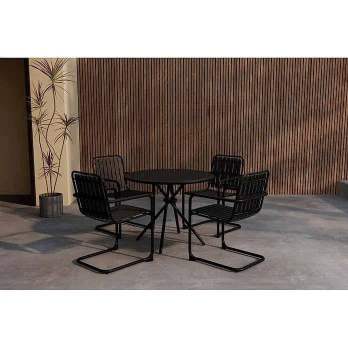 Ebuy24 Gartentisch-Set Chios - Gesamtumfang: 5 -tlg., L x B x H: 90 x 90 x 71 cm, Ø x H: 90 x 71 cm, Gehärtetes Glas, Stapelbar - Schwarzes Outdoor-Esszimmer-Set mit rundem Tisch und vier Latten-Metallstühlen, ideal für Terrasse oder Garten.