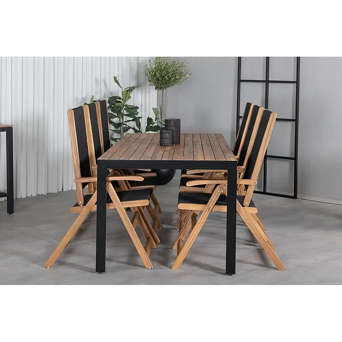 Ebuy24 Gartentisch-Set Bois - Gesamtumfang: 7 -tlg., L x B x H: 90 x 205 x 76 cm, Ø x H: 90 x 76 cm, 100 % Polyester, Akazie Akazie, Aluminium, Stapelbar - Esstisch aus Holzlatten mit schwarzem Metallrahmen und passenden Holzklappstühlen mit schwarzem Stoff. Ideal für den Außenbereich.