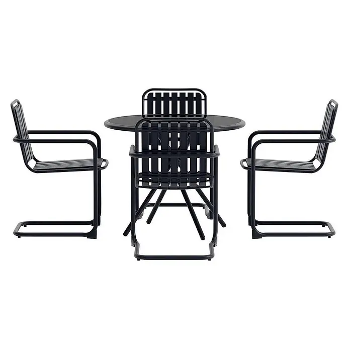 Ebuy24 Gartentisch-Set Chios - Gesamtumfang: 5 -tlg., L x B x H: 90 x 90 x 71 cm, Ø x H: 90 x 71 cm, Gehärtetes Glas, Stapelbar - Schwarzes Outdoor-Esstischset aus Metall mit einem runden Tisch und vier Lattenstühlen.