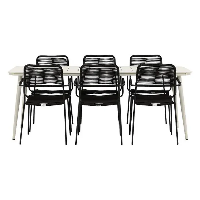 Ebuy24 Gartentisch-Set Lina - Gesamtumfang: 7 -tlg., L x B x H: 90 x 200 x 75 cm, Ø x H: 90 x 75 cm, Aluminium, Stapelbar - Heller rechteckiger Tisch mit sechs schwarzen Stühlen aus geflochtenem Seil.