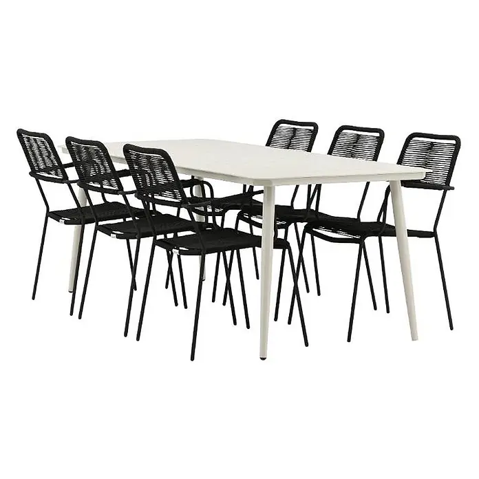 Ebuy24 Gartentisch-Set Lina - Gesamtumfang: 7 -tlg., L x B x H: 90 x 200 x 75 cm, Ø x H: 90 x 75 cm, Aluminium, Stapelbar - Weißer Esstisch mit sechs schwarzen Stühlen. Die Stühle haben geflochtene Rückenlehnen und Sitze mit schlanken Metallrahmen.