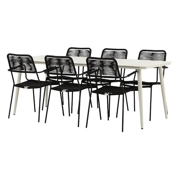 Ebuy24 Gartentisch-Set Lina - Gesamtumfang: 7 -tlg., L x B x H: 90 x 200 x 75 cm, Ø x H: 90 x 75 cm, Aluminium, Stapelbar - Esstischgruppe mit weißem, rechteckigem Tisch und sechs schwarzen geflochtenen Stühlen mit Metallrahmen.