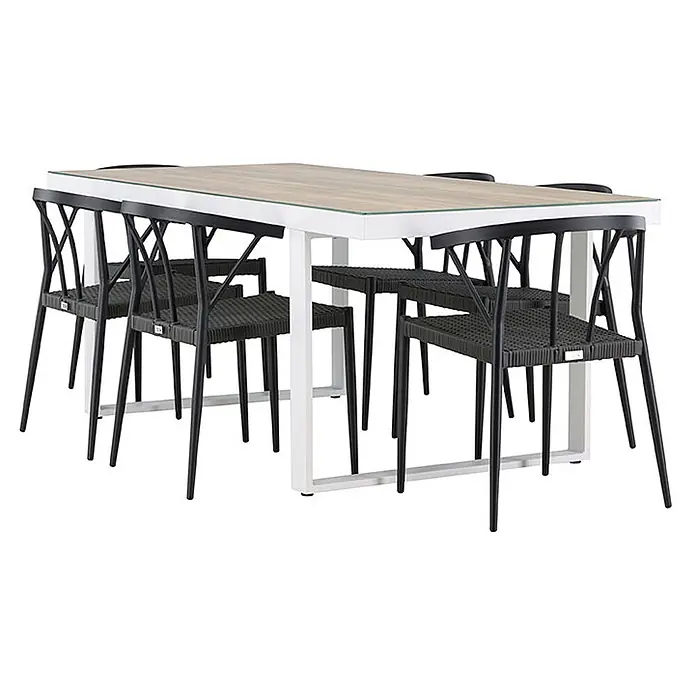 Ebuy24 Gartentisch-Set MerloStina - Gesamtumfang: 7 -tlg., L x B x H: 90 x 200 x 75 cm, Ø x H: 90 x 75 cm, Aluminium, Stapelbar - Gartentischgruppe mit rechteckigem Tisch, heller Holzoptik-Platte und weißem Gestell, sowie sechs schwarzen Flechtstühlen mit Kreuzrücken.