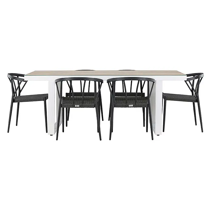 Ebuy24 Gartentisch-Set MerloStina - Gesamtumfang: 7 -tlg., L x B x H: 90 x 200 x 75 cm, Ø x H: 90 x 75 cm, Aluminium, Stapelbar - Modernes Esszimmer-Set mit weißem Tisch, heller Holzplatte und sechs schwarzen Geflechtstühlen.