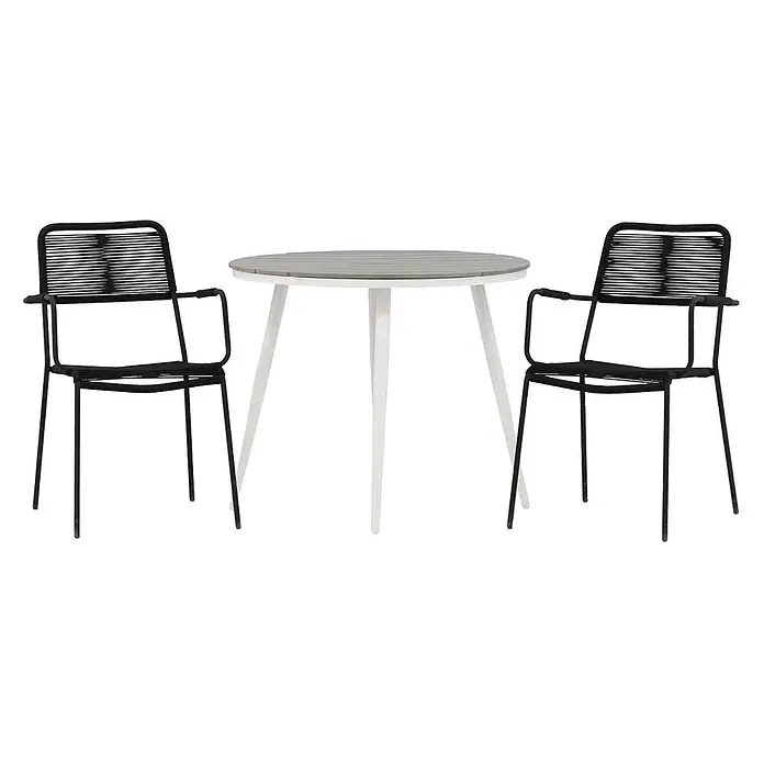 Ebuy24 Gartentisch-Set Break - Gesamtumfang: 3 -tlg., L x B x H: 90 x 90 x 74 cm, Ø x H: 90 x 74 cm, Seil Nonwood, Stapelbar - Ein Bistrotisch-Set mit zwei schwarzen Seilgeflechtstühlen und einem runden Tisch mit grauer Lattenplatte und weißen Beinen.