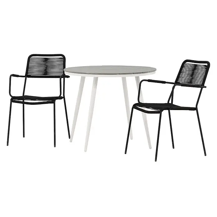 Ebuy24 Gartentisch-Set Break - Gesamtumfang: 3 -tlg., L x B x H: 90 x 90 x 74 cm, Ø x H: 90 x 74 cm, Seil Nonwood, Stapelbar - Runder grau-weißer Tisch mit zwei schwarzen Flechtstühlen.