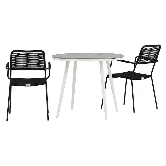 Ebuy24 Gartentisch-Set Break - Gesamtumfang: 3 -tlg., L x B x H: 90 x 90 x 74 cm, Ø x H: 90 x 74 cm, Seil Nonwood, Stapelbar - Gartenset: weißer Tisch mit grauer Lattenplatte und zwei schwarzen Stühlen mit Seilgeflecht.