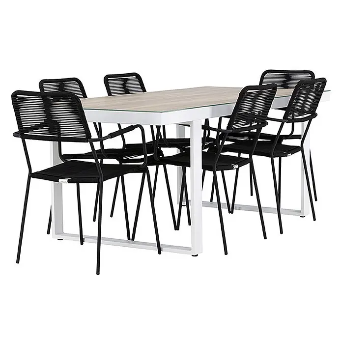 Ebuy24 Gartentisch-Set Merlo - Gesamtumfang: 7 -tlg., L x B x H: 90 x 200 x 75 cm, Ø x H: 90 x 75 cm, Aluminium Polyesterseil Stahl, Stapelbar - Modernes Outdoor-Essgruppe mit weißem Tischgestell und heller Holzplatte, dazu sechs schwarze Seil-Stühle.