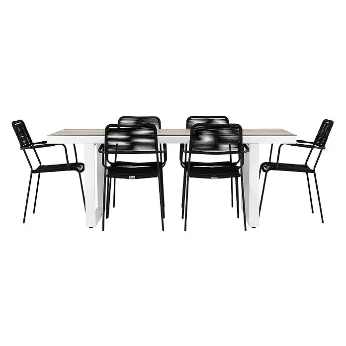 Ebuy24 Gartentisch-Set Merlo - Gesamtumfang: 7 -tlg., L x B x H: 90 x 200 x 75 cm, Ø x H: 90 x 75 cm, Aluminium Polyesterseil Stahl, Stapelbar - Essgarnitur mit rechteckigem Tisch mit Holzplatte und weißem Gestell, dazu sechs schwarze Stühle mit geflochtenen Sitzen, Rückenlehnen und schwarzem Metallrahmen.