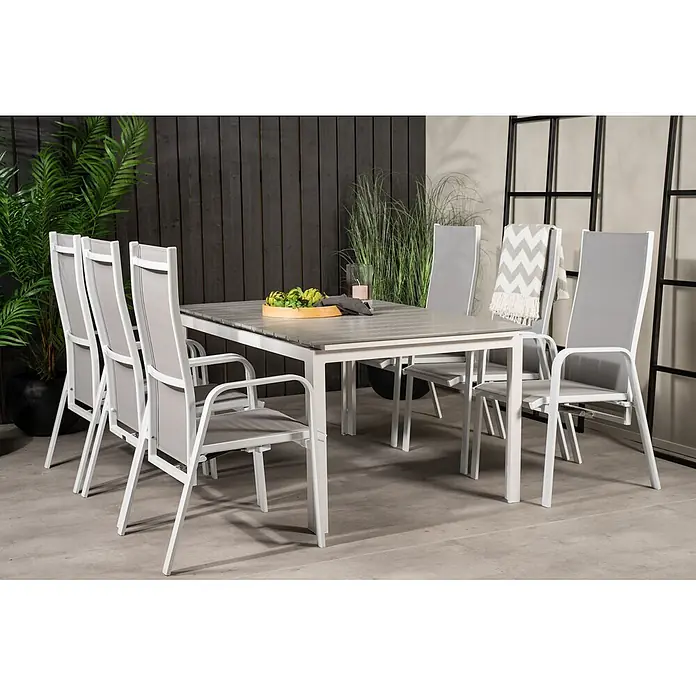 Ebuy24 Gartentisch-Set Levels - Gesamtumfang: 7 -tlg., L x B x H: 100 x 160 x 75 cm, Ø x H: 100 x 75 cm, 30 % Polyester, 70 % PVC, Aluminium, Textil Aintwood, Aluminium, Stapelbar - Weißes und graues Outdoor-Essgruppe mit rechteckigem Tisch und sechs Stühlen, ideal für die Terrasse.