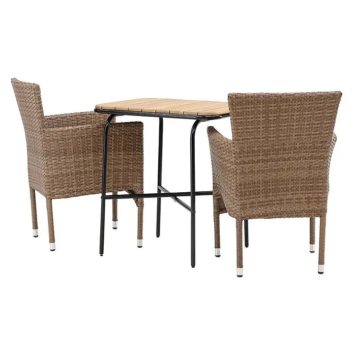 Ebuy24 Gartentisch-Set Holmbeck - Gesamtumfang: 3 -tlg., L x B x H: 70 x 88 x 74 cm, Ø x H: 88 x 74 cm, Aluminium Akazie, Stapelbar - Braunes Rattan-Bistroset mit schwarzem Metallrahmen und Holztischplatte, inklusive zwei Sessel.