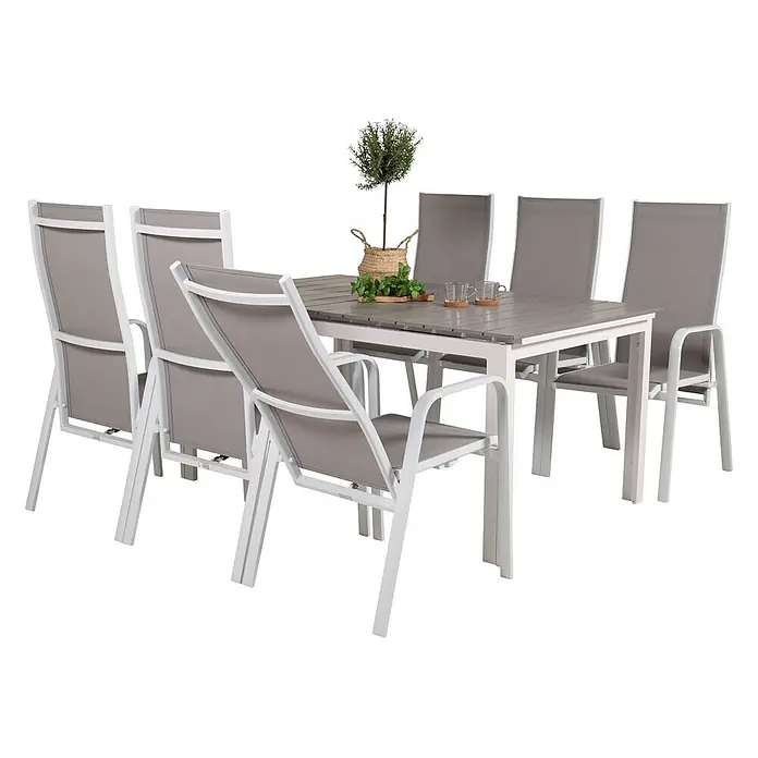 Ebuy24 Gartentisch-Set Levels - Gesamtumfang: 7 -tlg., L x B x H: 100 x 160 x 75 cm, Ø x H: 100 x 75 cm, 30 % Polyester, 70 % PVC, Aluminium, Textil Aintwood, Aluminium, Stapelbar - Weißes Aluminium-Gartenset mit grauen Sling-Stühlen und Lattenrost-Tischplatte.