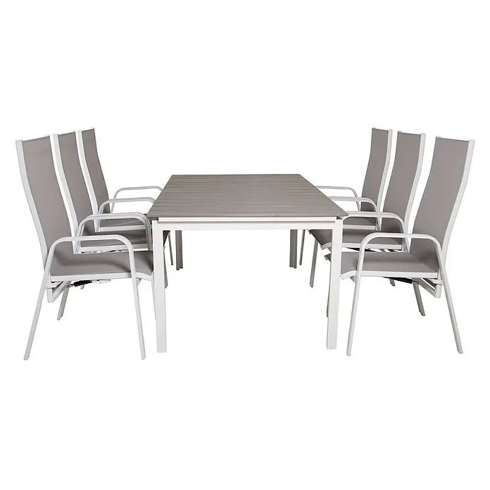 Ebuy24 Gartentisch-Set Levels - Gesamtumfang: 7 -tlg., L x B x H: 100 x 160 x 75 cm, Ø x H: 100 x 75 cm, 30 % Polyester, 70 % PVC, Aluminium, Textil Aintwood, Aluminium, Stapelbar - Grauer Latten-Gartentisch mit weißem Gestell und sechs grauen Stühlen mit weißem Rahmen.