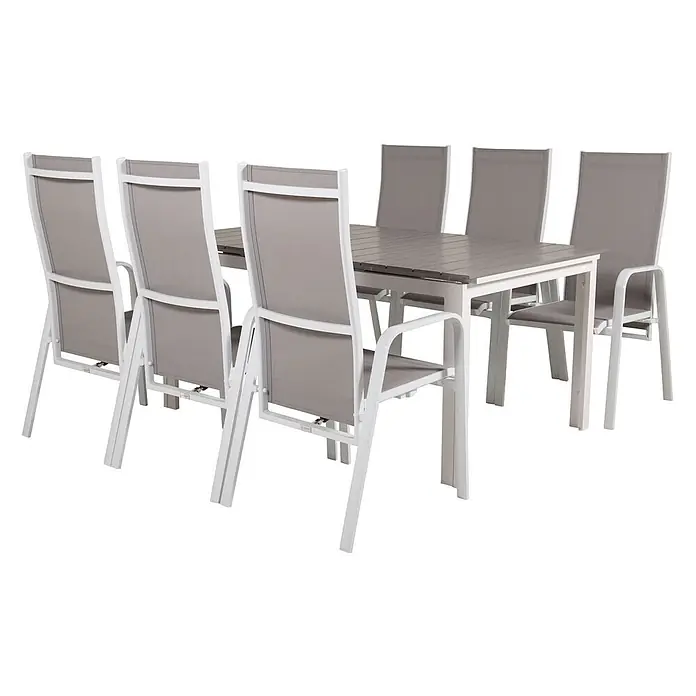 Ebuy24 Gartentisch-Set Levels - Gesamtumfang: 7 -tlg., L x B x H: 100 x 160 x 75 cm, Ø x H: 100 x 75 cm, 30 % Polyester, 70 % PVC, Aluminium, Textil Aintwood, Aluminium, Stapelbar - Weißes Aluminium-Garten-Essgruppe mit grauem Latten-Tisch und sechs grauen Stoffstühlen.