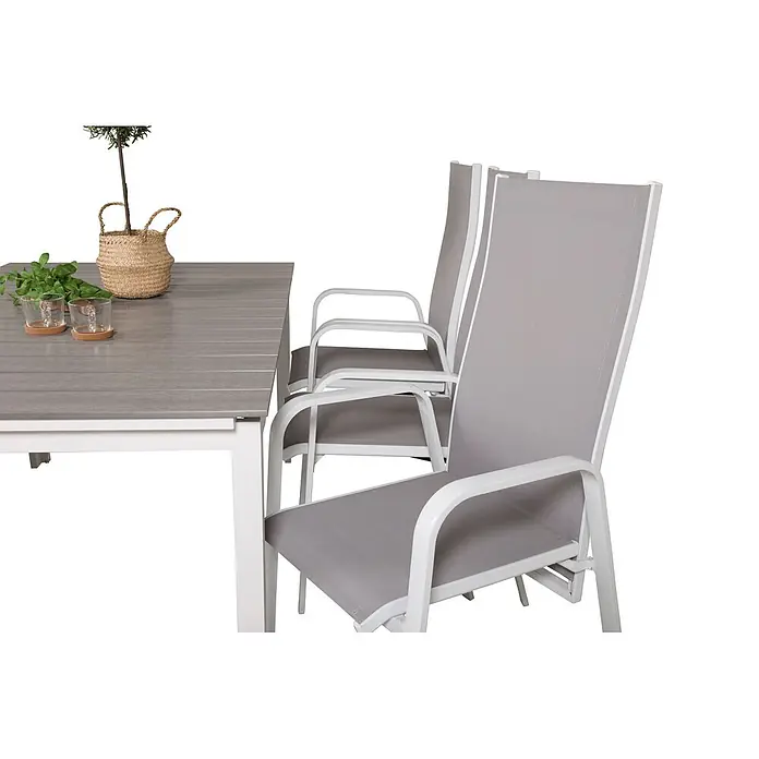 Ebuy24 Gartentisch-Set Levels - Gesamtumfang: 7 -tlg., L x B x H: 100 x 160 x 75 cm, Ø x H: 100 x 75 cm, 30 % Polyester, 70 % PVC, Aluminium, Textil Aintwood, Aluminium, Stapelbar - Gartentisch mit grauer Lattenplatte und weißem Gestell, dazu Stühle mit weißem Rahmen und grauen Netzsitzen.