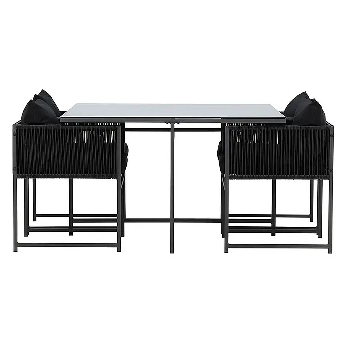 Ebuy24 Gartentisch-Set Noto - Gesamtumfang: 3 -tlg., L x B x H: 120 x 120 x 73 cm, Ø x H: 120 x 73 cm, GlasStahl, Stapelbar - Schwarze Outdoor-Essgruppe mit rechteckigem Tisch und vier Stühlen mit geflochtenen Seiten und Kissen.