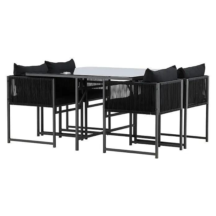 Ebuy24 Gartentisch-Set Noto - Gesamtumfang: 3 -tlg., L x B x H: 120 x 120 x 73 cm, Ø x H: 120 x 73 cm, GlasStahl, Stapelbar - Schwarze Outdoor-Essgruppe mit Glastisch und vier Stühlen mit schwarzem Seilgeflecht und Kissen.