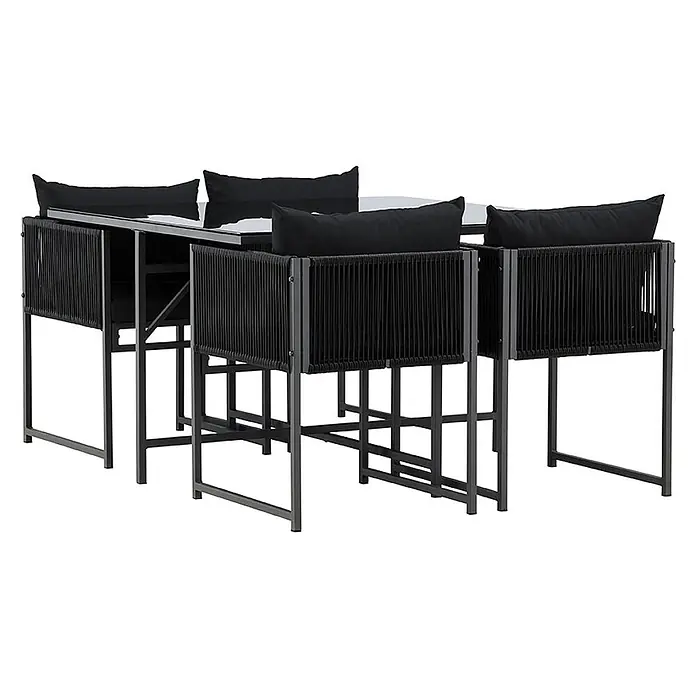 Ebuy24 Gartentisch-Set Noto - Gesamtumfang: 3 -tlg., L x B x H: 120 x 120 x 73 cm, Ø x H: 120 x 73 cm, GlasStahl, Stapelbar - Schwarze Outdoor-Essgruppe mit Glastisch, vier Stühlen mit schwarzen Kordelrücken und schwarzen Kissen.